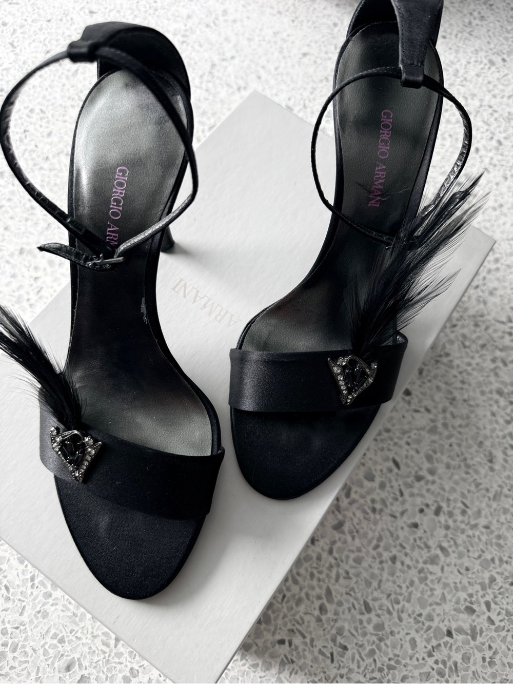 Giorgio Armani Black Feather Heart-Embellished Satin Heels